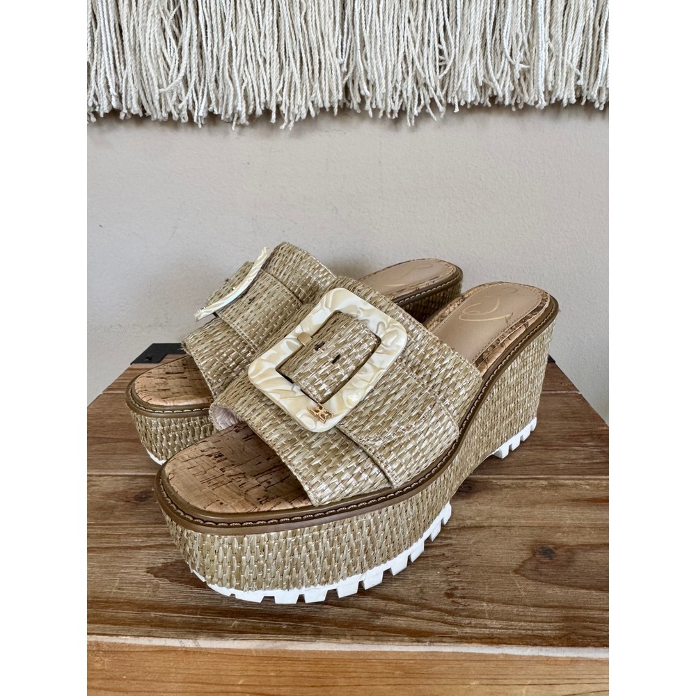 Sam Edelman Livi Dark Natural Raffia Platform Wedge Espadrille Slide Sandal 9